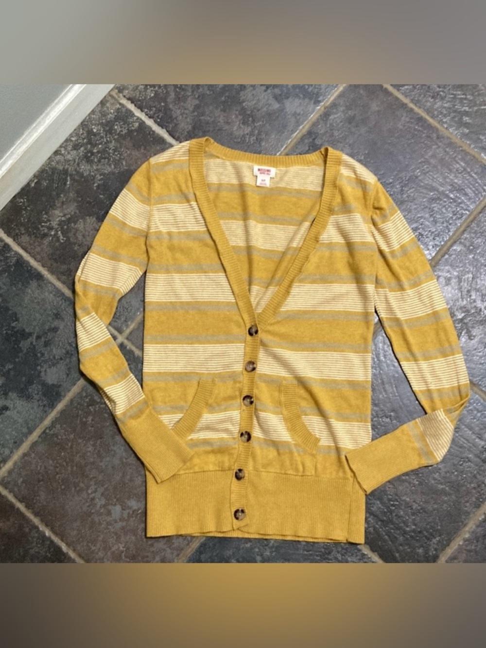 Mossimo Supply Co. Mustard and Cream Striped V-Neck Cardigan Women’s Size S